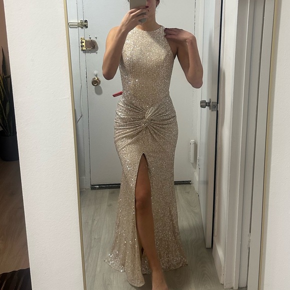 Ieena for Mac Duggal SEQUINED HIGH NECK SIDE KNOT GOWN in nude silver - Picture 11 of 11